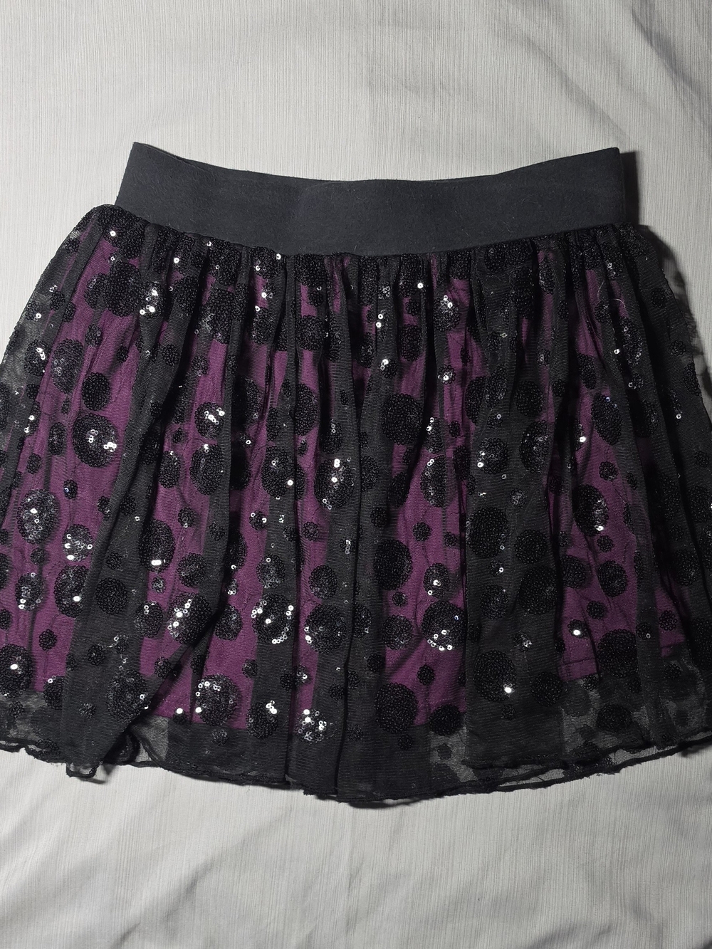 Disney Purple Skater Skirt with Black Sequin Polka Dot Overlay